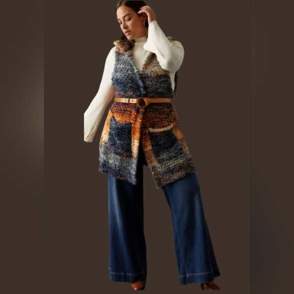 Pilcro Anthropologie sweater cardigan with pockets - orange, blue, white - Picture 13 of 15